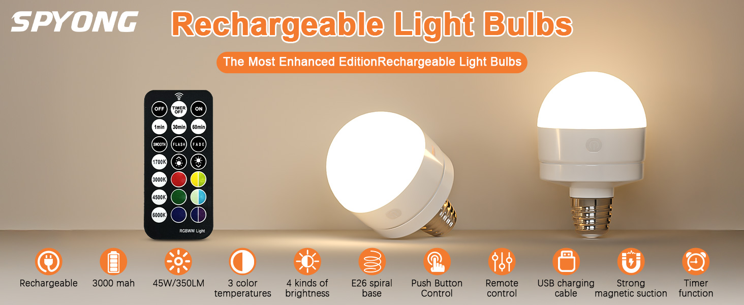 SPYONG Rechargeable Light Bulbs with Remote, 45W Energized E26