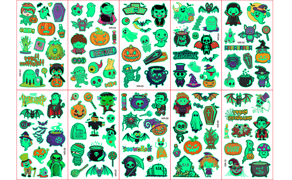 Casciybo Luminous Halloween Temporary Tattoos for kids, 10