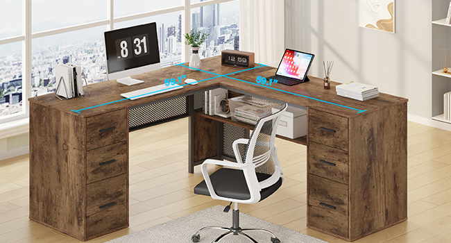 L-shaped corner desk setup in rustic brown wood finish, featuring a modern white office chair and organized workspace with multiple monitors.