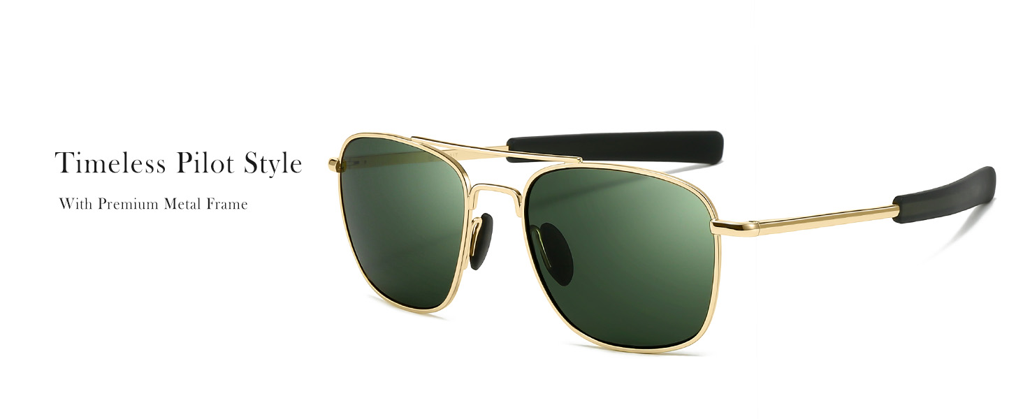 Aviator-style sunglasses with gold-tone metal frame, black temple tips, and dark green lenses. Features twisted rope-style bridge detail and classic double bridge design.