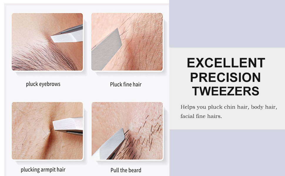 Product demonstration of precision tweezers showing four steps of plucking different types of hair, with instructional text and labels.