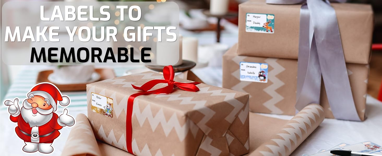 Gift wrapping scene with brown paper packages, red ribbon, and white labels. Text overlay suggests using labels to make gifts memorable.
