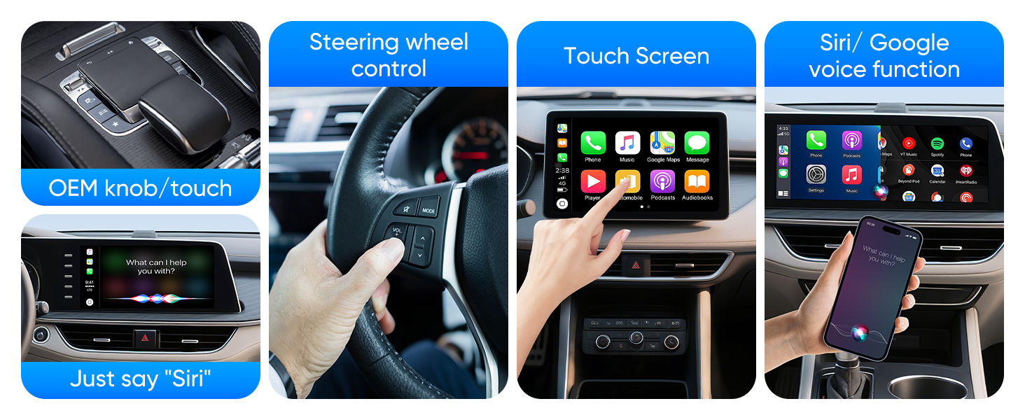 Car dashboard display showing various touchscreen interface panels and navigation menus with blue and black color scheme