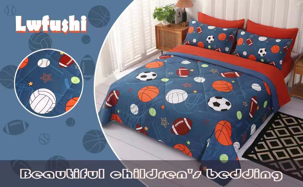 lwfushi Sports Comforter Set Blue Ball Bedding Set Full Size Baseball Basketball