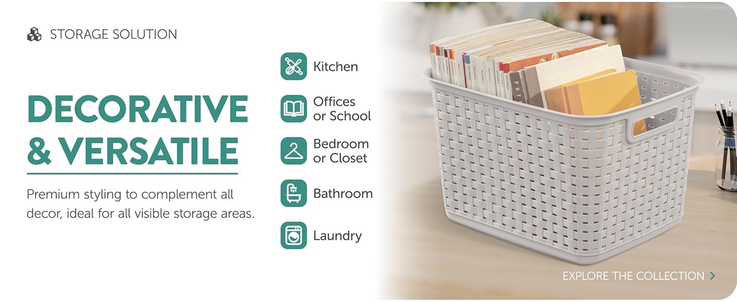 A plastic storage with books labeled as &#39;decorative and versatile&#39; ideal for any room.