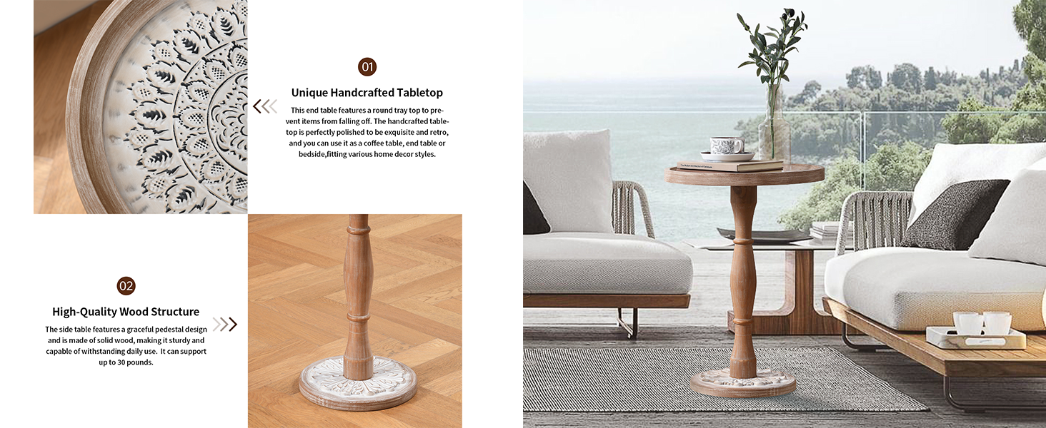 Ahokua Vintage End Table Set of 2 with Carved Floral, Round