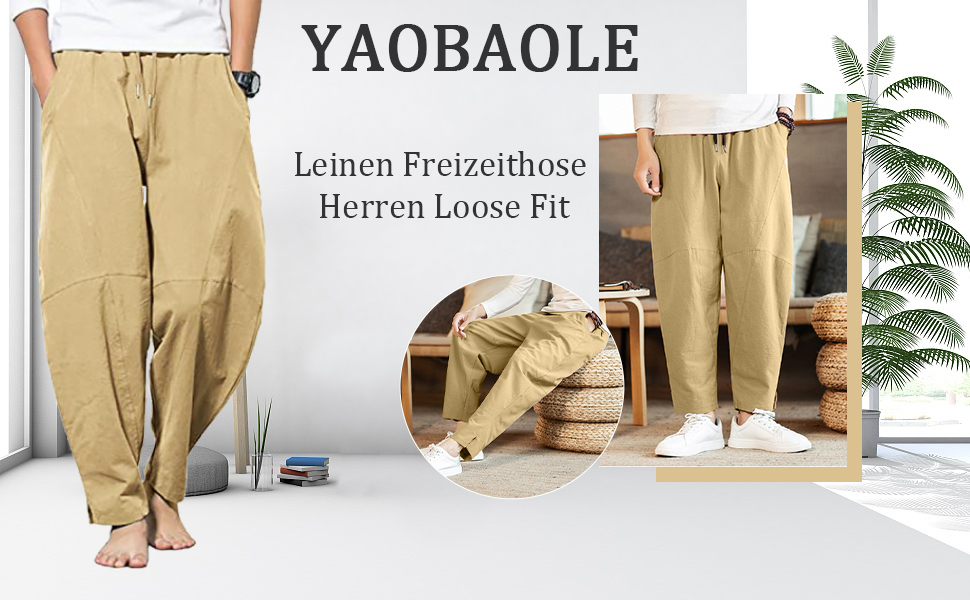 Herren Baggy Haremshose Herren Leinenhose Lang Freizeithose Herren Loose Fit Casual Strandhose