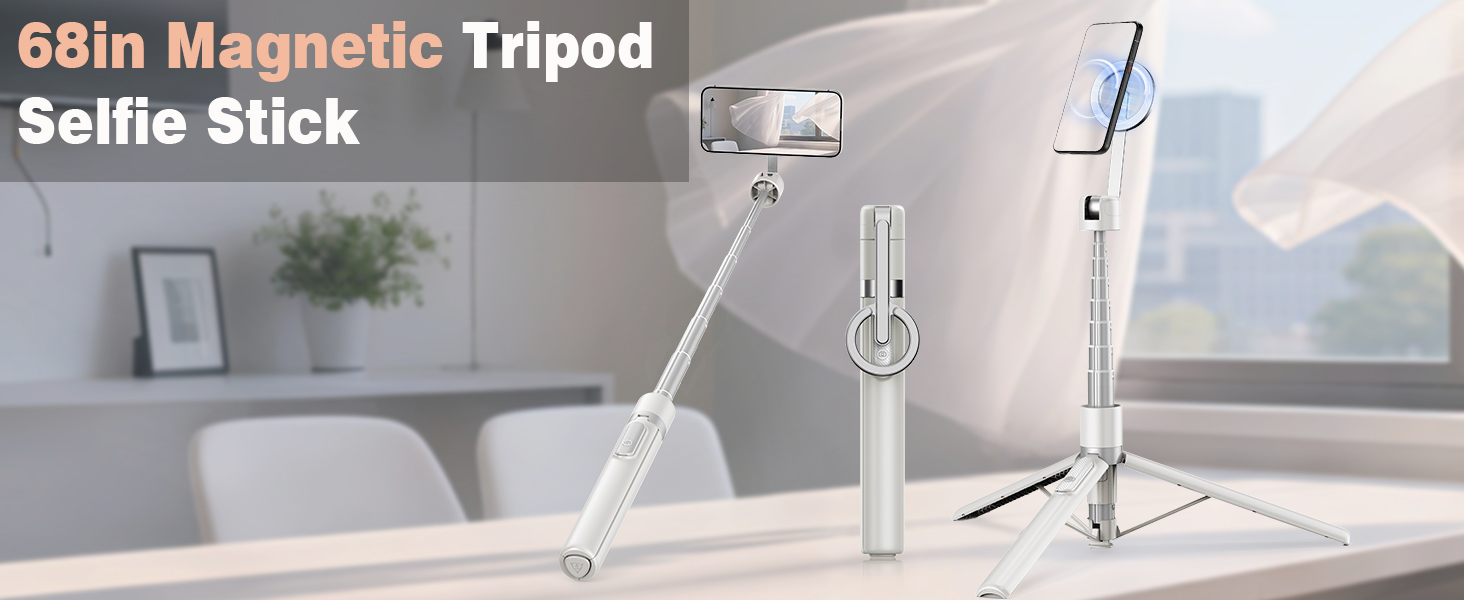 TONEOF 68" Magnetic Selfie Stick Tripod with Aluminum Strong Magnetic Holder for Magsafe, 360° Rotatable Travel Phone Tripod Stand with Metal Ring & Rechargeable Remote for iPhone/Android(Beige Gray) 18 magnetic tripod