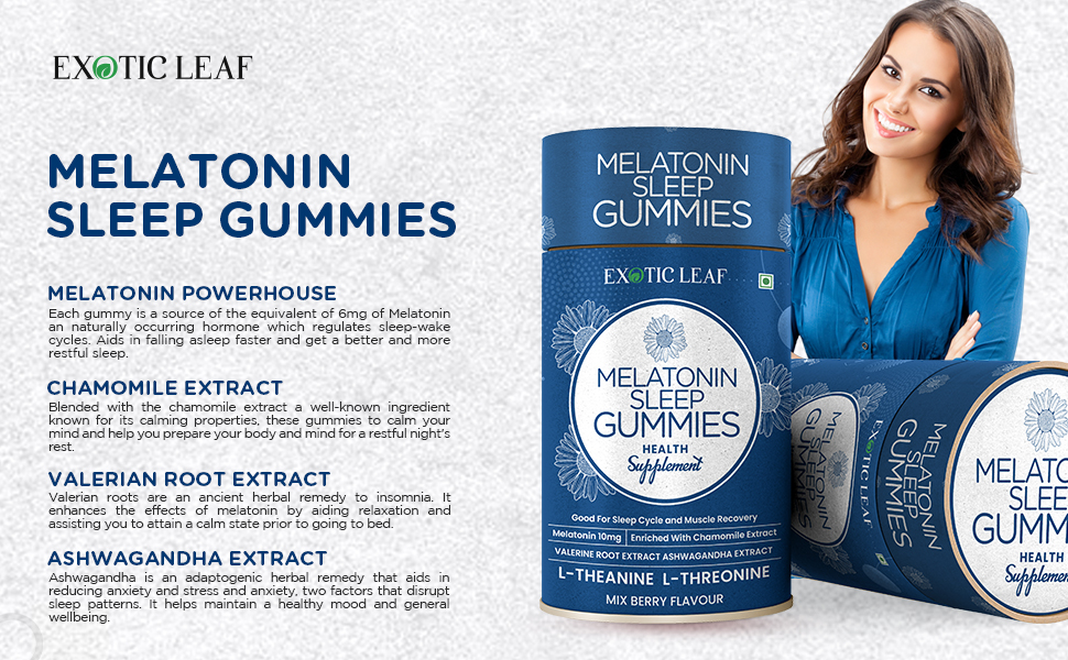 EXOTIC LEAF Melatonin Sleep 60 Gummies for Sleep, Muscle Recovery, and calming effect, Enriched