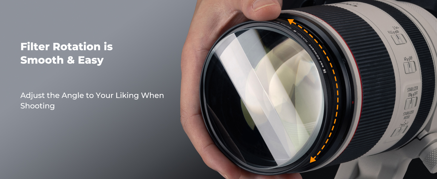 Camera lens filter with smooth rotation feature. Hand adjusting the filter ring, demonstrating easy angle adjustment. Text highlights smooth operation for customized shooting.