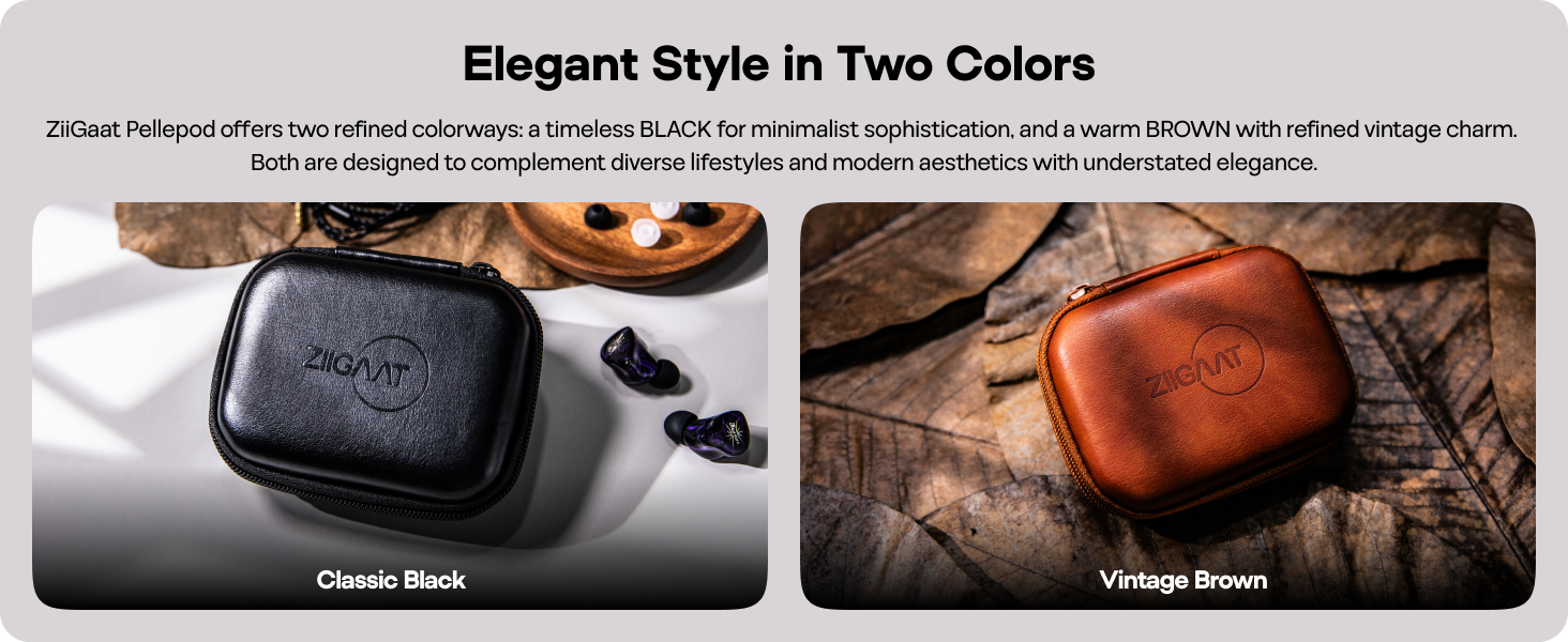 Text reads 'Elegant Style in Two Colors'. Product showcase displays wireless earbuds in two color options - classic black and white/silver, shown in charging cases with lifestyle photos.