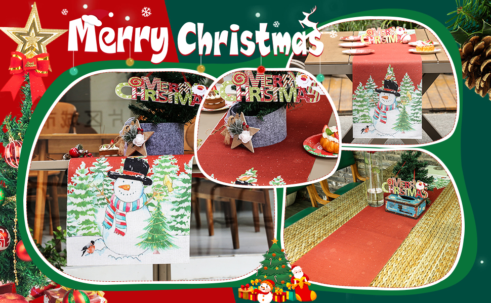 Snowman Red Christmas Table Runner, 13 x 72 Inch Burlap
