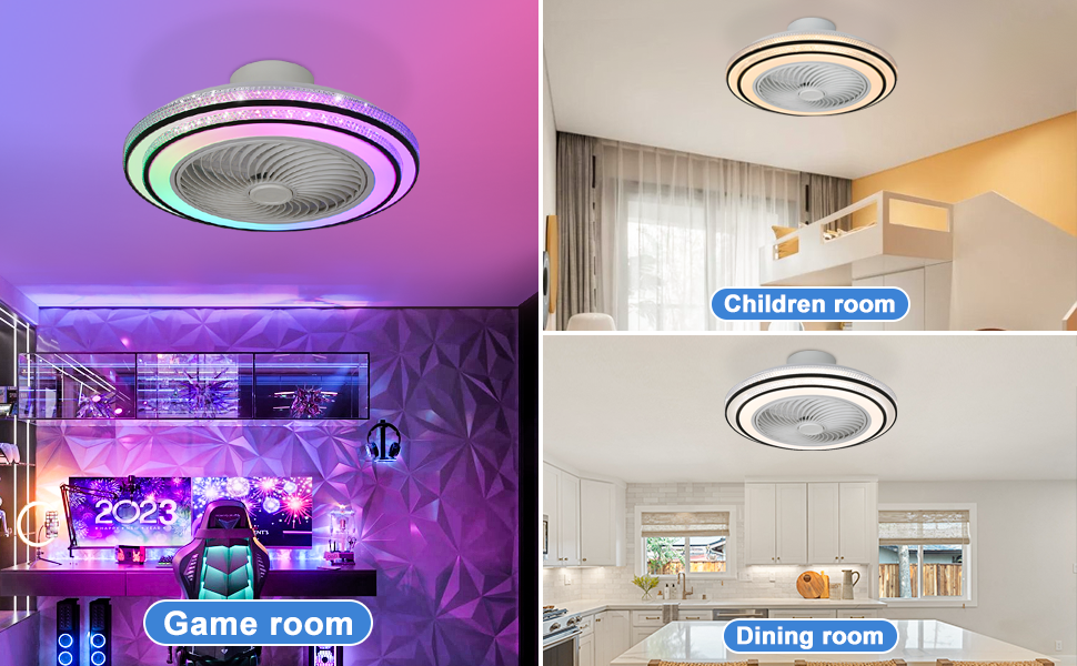 RGB Flush Mount Ceiling Fan with Lights, 20.5'' Modern LED Dimmable Low Profile Ceiling Fan with