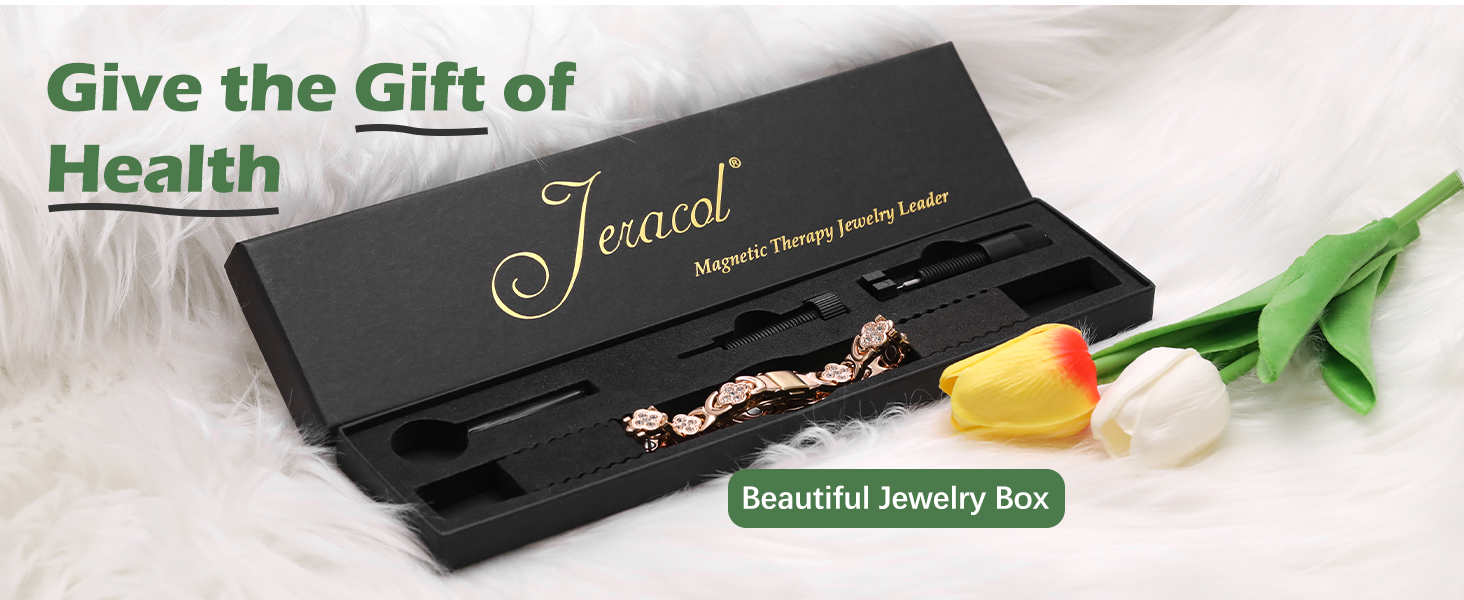 Black jewelry box labeled 'Joucool' with magnetic therapy bracelet inside. Tulips and text 'Give the Gift of Health' and 'Beautiful Jewelry Box' visible.