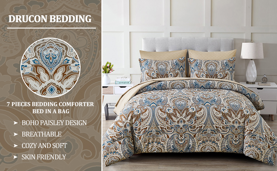 Drucon Boho Comforter Set King, 7 Pieces Bed in A Bag Comforter Boho Paisley Pattern