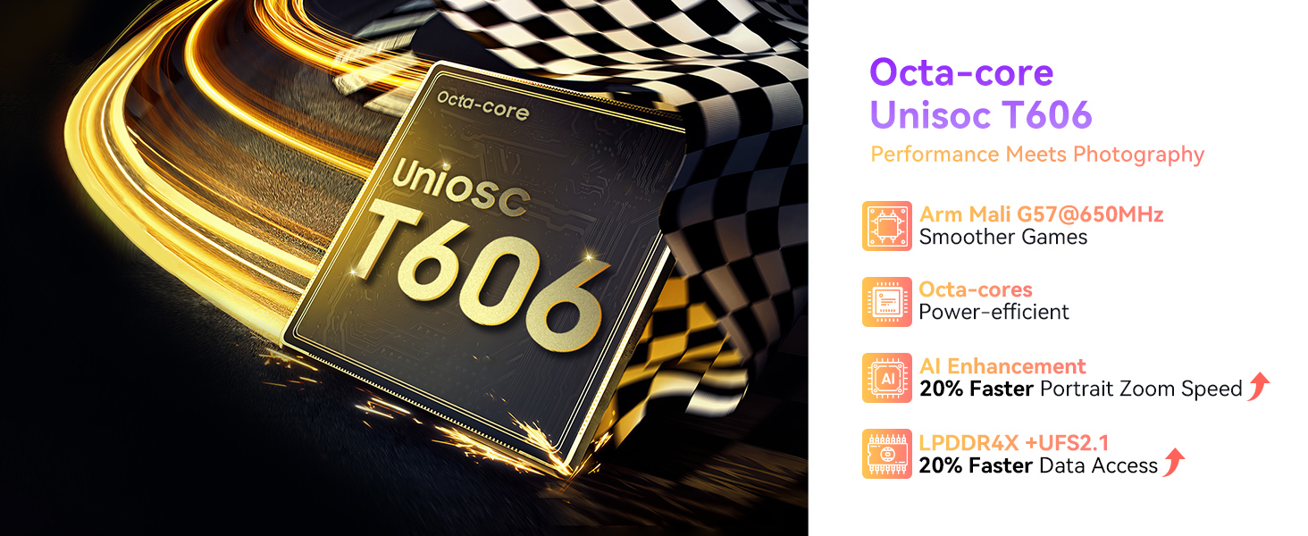 Computer processor chip promotional image showing gold-colored T606 chip against checkered background with performance specifications listed.