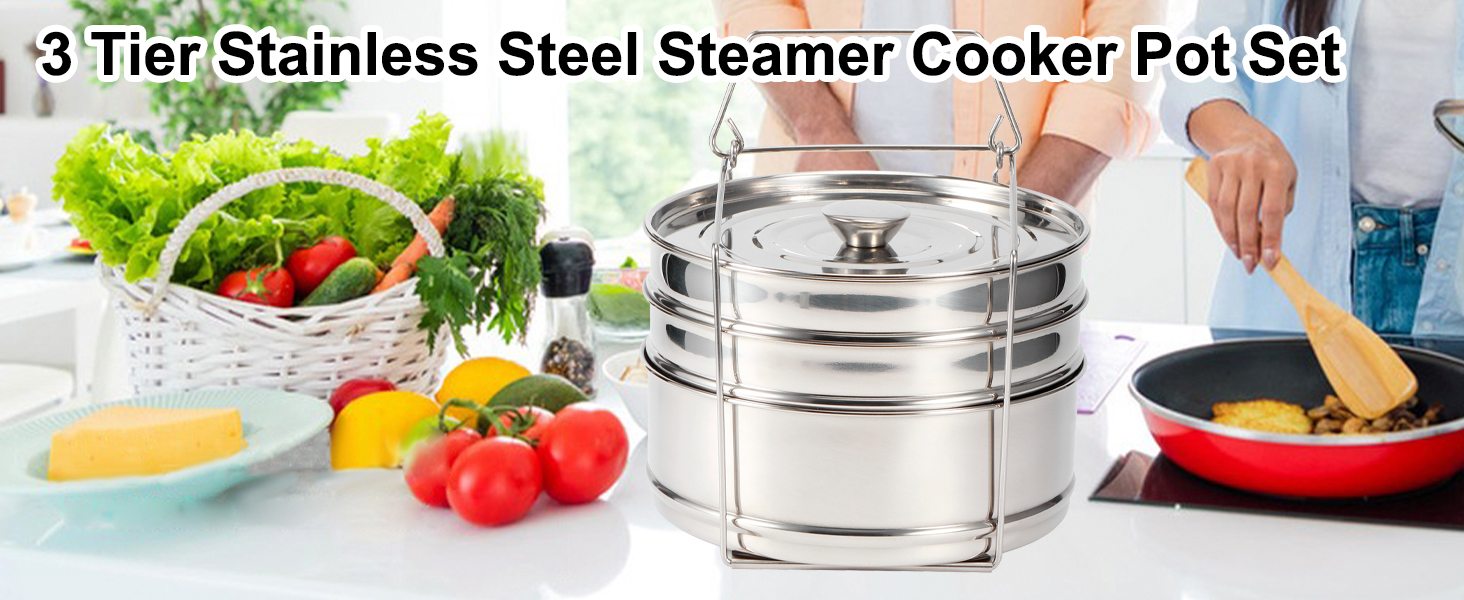 Steamer Pot, Stackable 3 Tier Stainless Steel Steamer Cooker Pot Set Stackable Steamer Insert Pans, Pot in Pot Cooking Baking Food Steamer Cook Food Pressure Pot Accessories for Cooking 12 Stackable 3 Tier Stainless Steel Steamer Cooker Pot Set Cook Food Pressure Pot Accessories