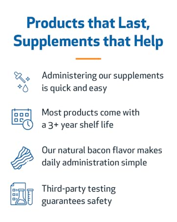 quick + easy administration, mostly 3+ year shelf life, natural bacon flavor, third-party tested