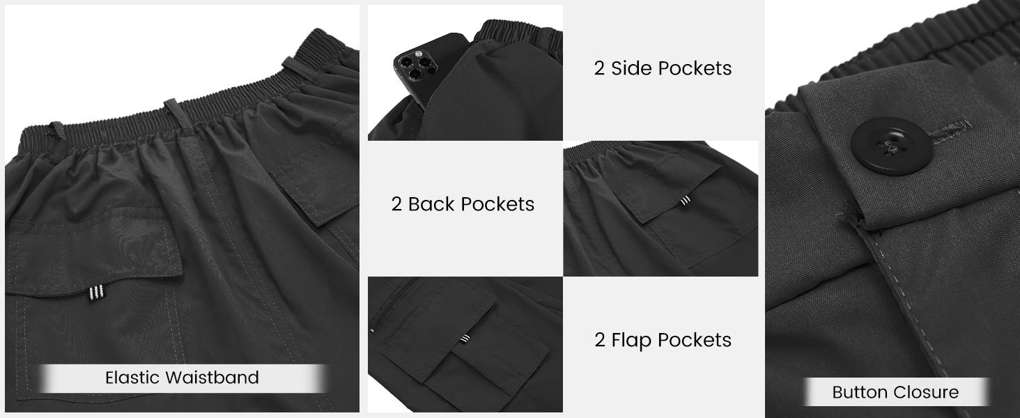 Details: 6 pockets in total,Drawstring Waistband,Button Closure