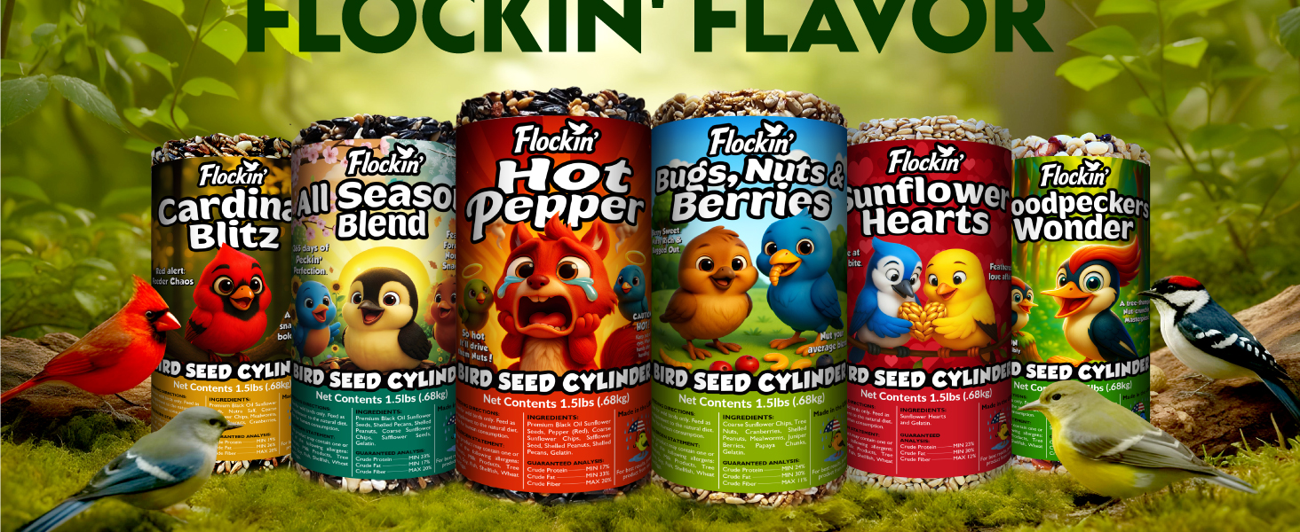 Choose your flockin flavor of bird seed cylinder