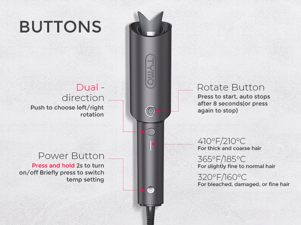 Hair styling tool with labeled buttons: dual-direction, rotate, and power. Temperature settings for different hair types. Cylindrical metallic body with star-shaped top.