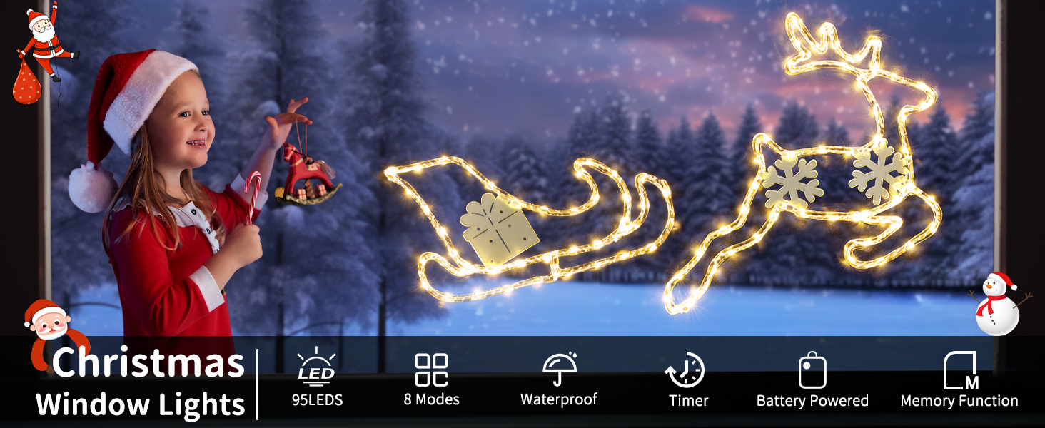 Christmas Window Lights, Reindeer and Sleigh 95 LEDs