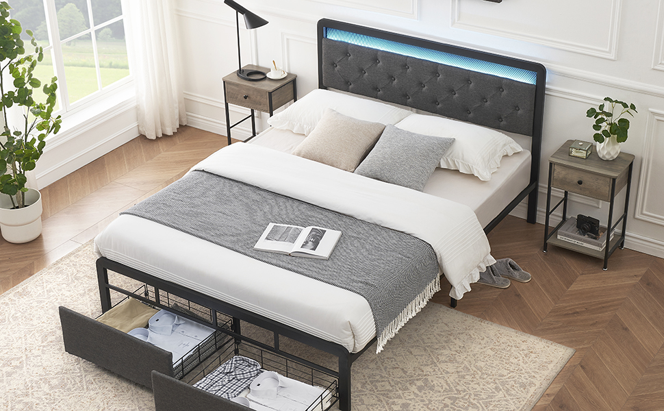 Queen Bed Frame with 2 Storage Drawers, Button Tufted