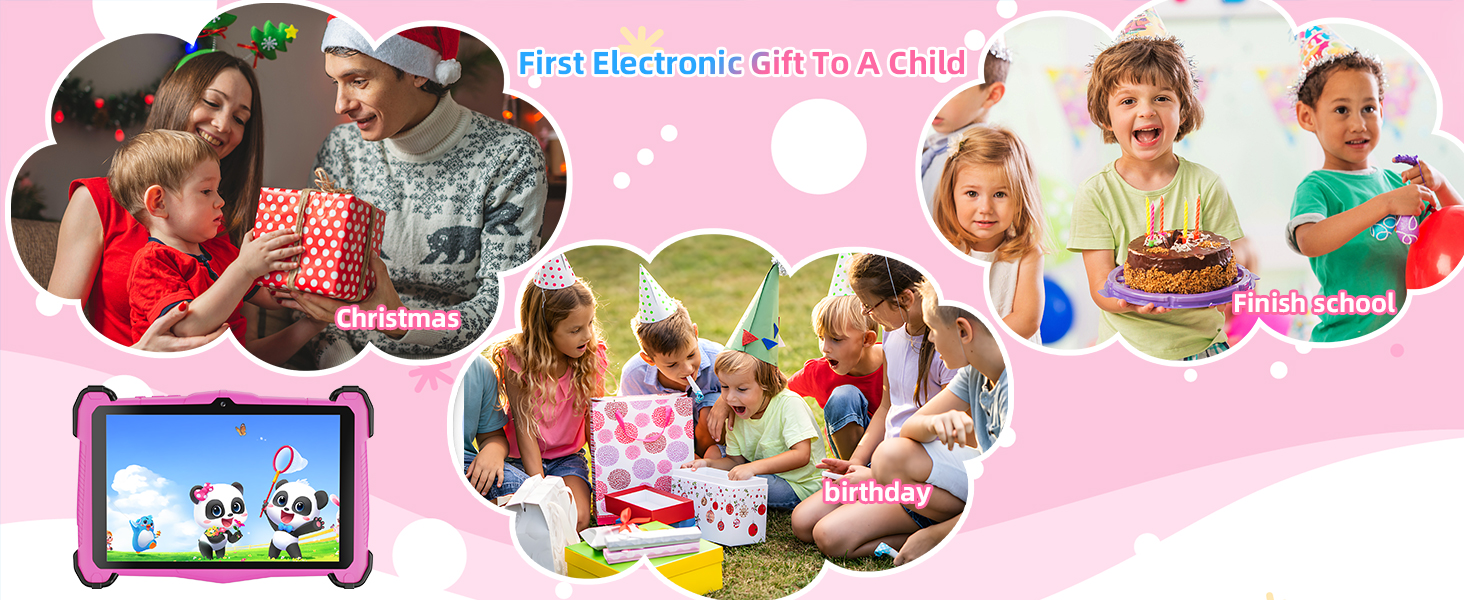 Promotional collage for children's electronic device, featuring pink background with circular photo frames showing product usage and gift-giving moments