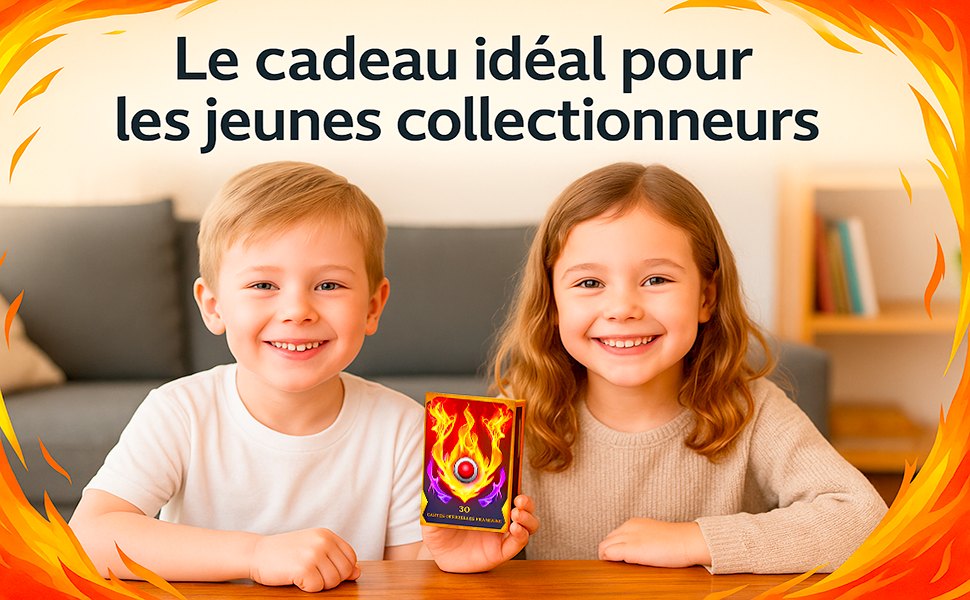 Le texte se lit comme suit : « Le cadeau idéal pour les jeunes collectionneurs ». Série d'images montrant des enfants en train de manipuler des objets de collection à une table.