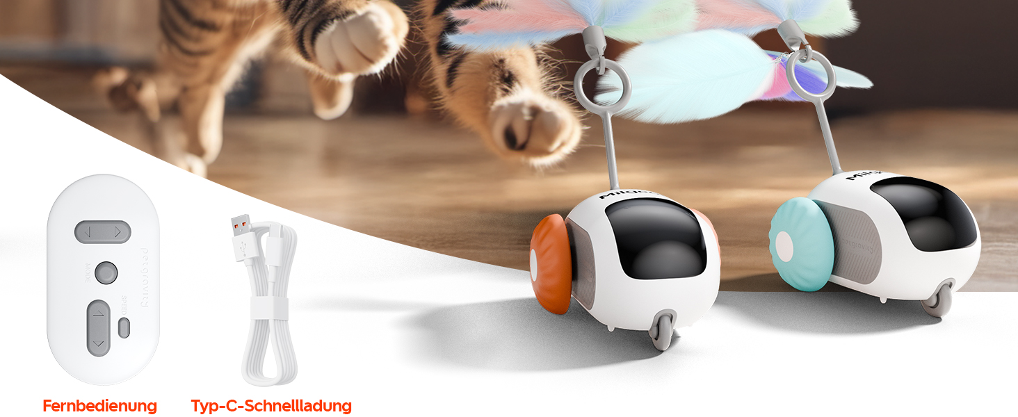 Kleine weiße Roboterspielzeuge mit abgerundeten Designs mit orangefarbenen und blauen Akzenten, ausgestellt auf einer Holzoberfläche mit sichtbarem Bedienzubehör