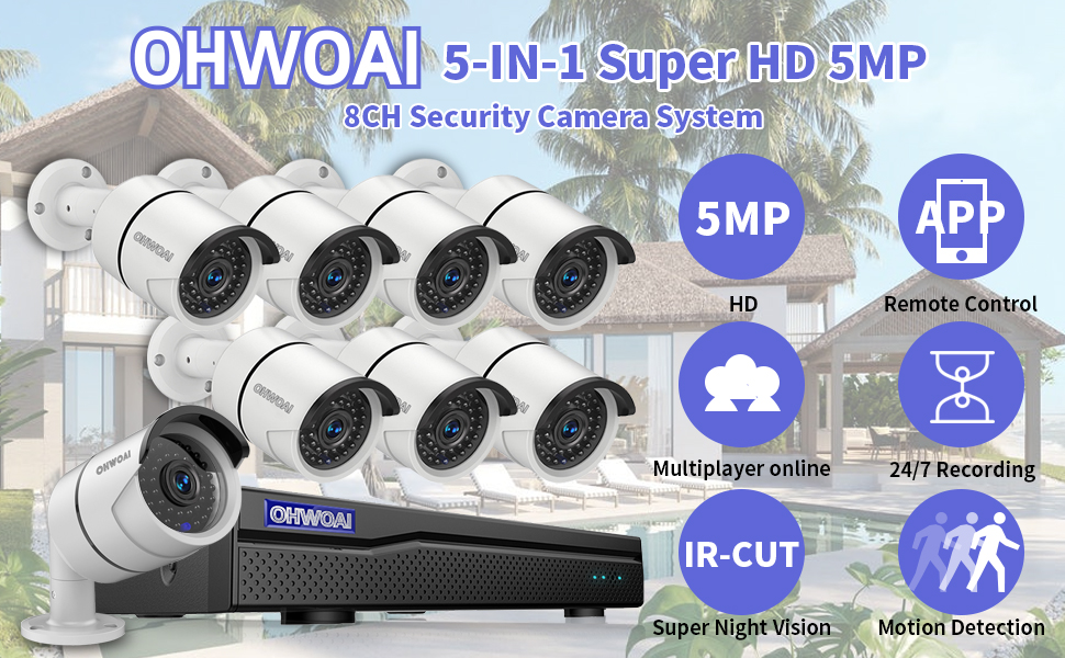 OHWOAI 8CH 5MP Wired Home Security Camera System Outdoor