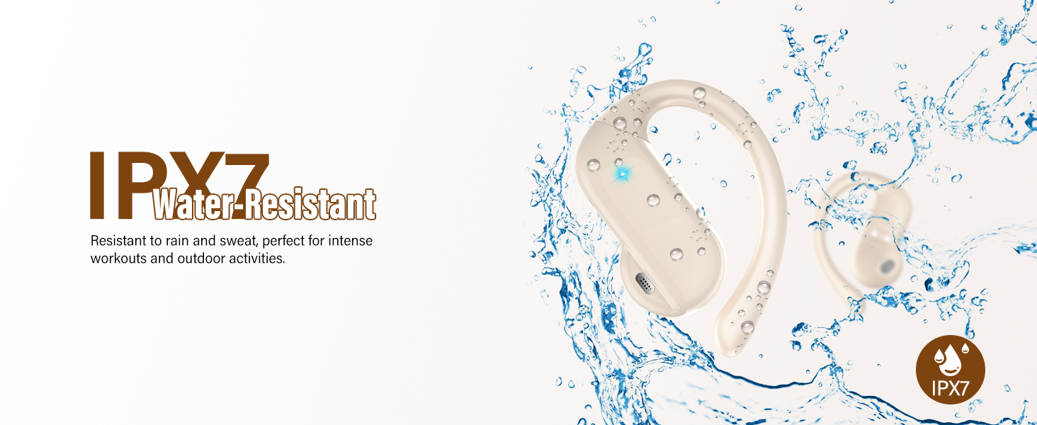 Water-resistant bone-conduction headphones with beige ear hooks surrounded by splashing water. Text 'IPX7 water-resistant' visible. Device appears durable for active use in wet conditions.
