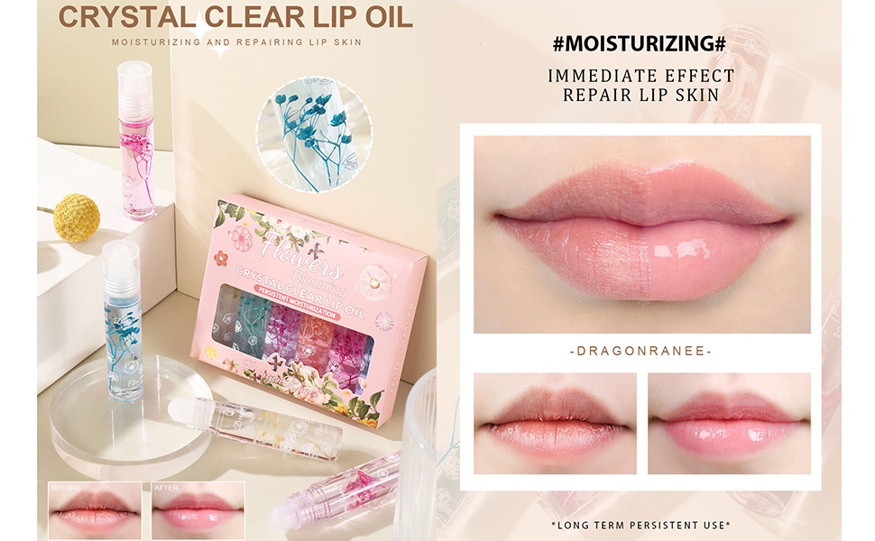 Flower Jelly Lip Oil Set van 6 hydraterende crème, lang aanhoudende roll-on lipgloss