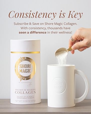 Shore Magic collagen being scooped into a shore magic mug on a wooden counter