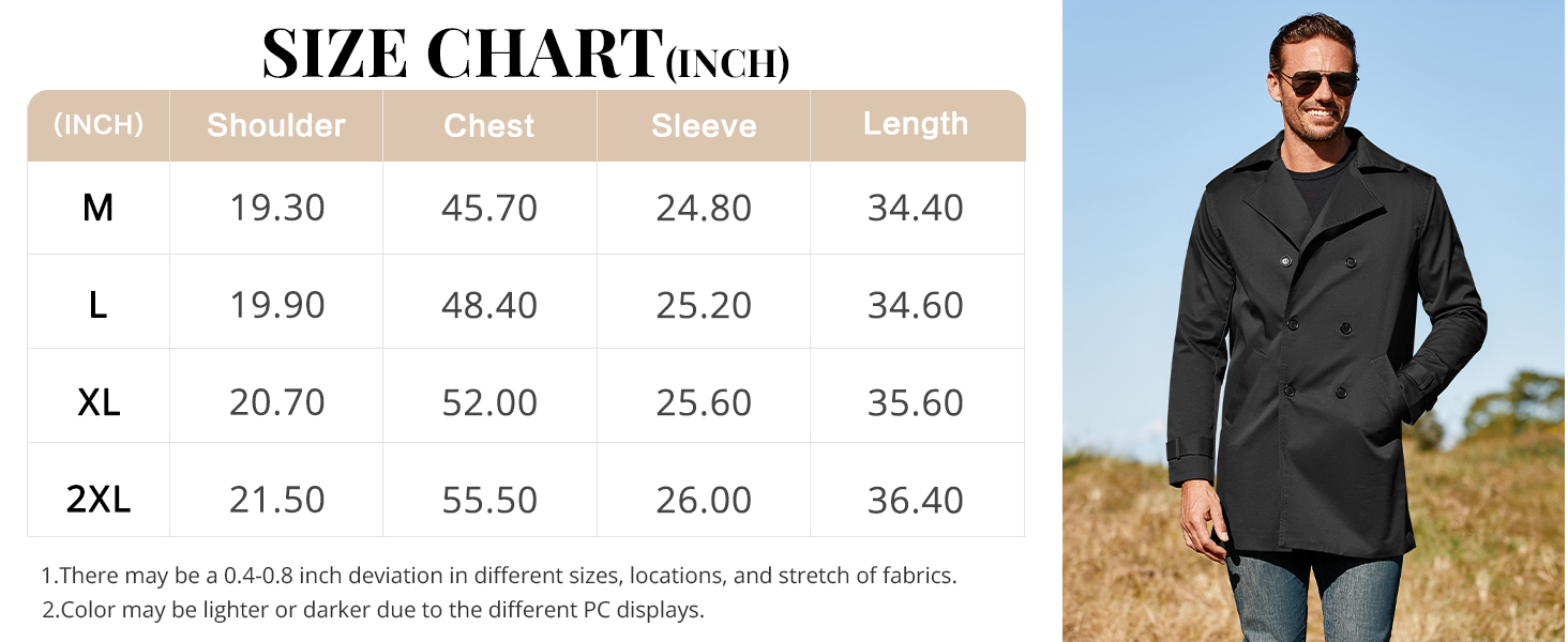 Mens Double Breasted Trench Coat Notched Lapel Casual Slim Fit Long Windbreaker Overcoat