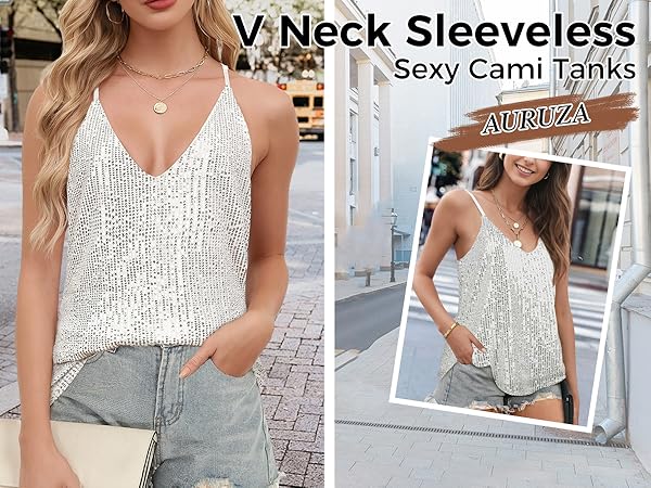 Amazon.com: AURUZA Womens Tank Tops V Neck Sparkle Shimmer