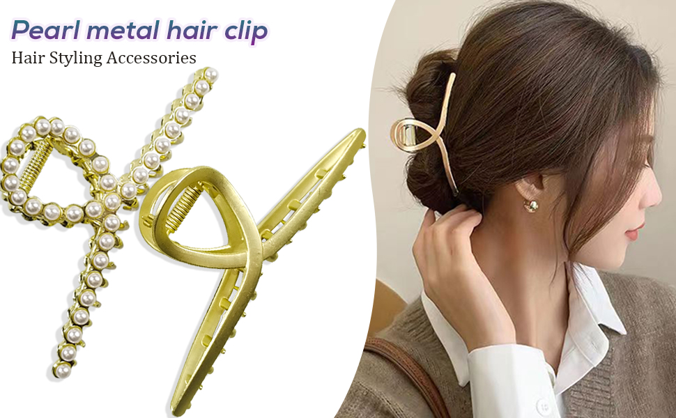 Large Metal Hair Claw for Women with Pearls 4.3 Inch Non-Slip Hair Clips Thick Hair Threaded Gold