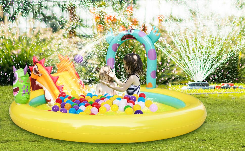 Kiddie Pool with Slide Monster Inflatable Sprinkler Outdoor Toys, 80.5