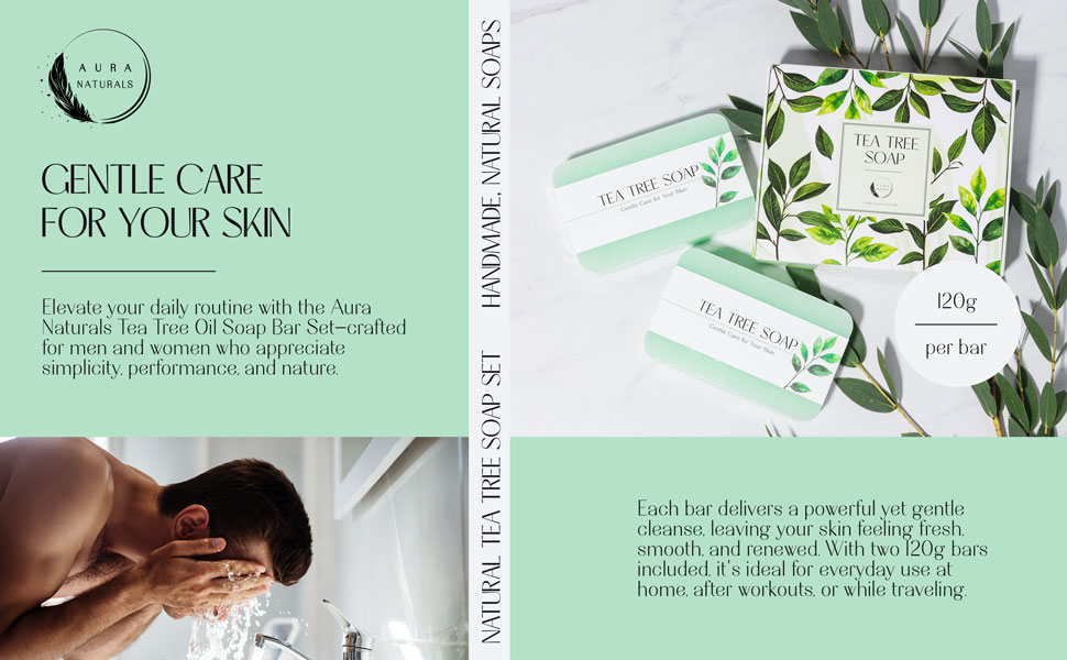 Aura Naturals Tea Tree Soap Bar - Set of 2, Natural Soap Bar for Face & Body Wash, Tea Tree Oil Soap with Anti Fungal Properties for Body Itching Acne Athlete's Foot Folliculitis 10 antifungal soap, organic soap bar, tea tree body wash, natural soap bar, tea tree soap, mens soap