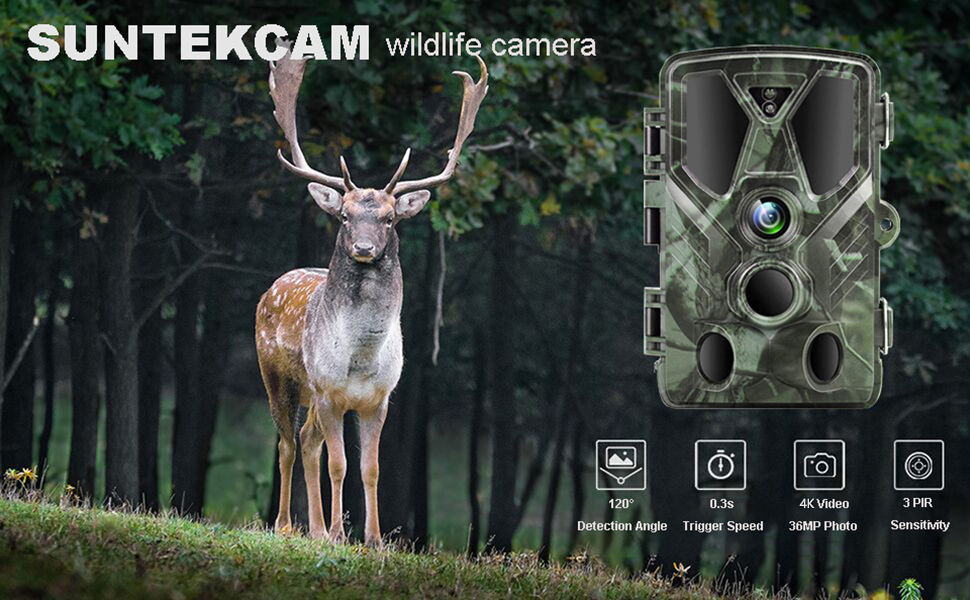 Wildlife camera advertisement showing deer in forest and camouflage-patterned camera. Icons indicate features like night vision and time-lapse.