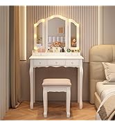 BLEXA White Makeup Vanity Table Set Vanity Desk with Light and Mirror Vanity Table with Drawers a...