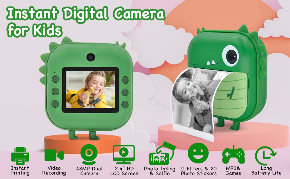 Instant Print Camera for Kids, Digital Print Camera 2.4 Inch Screen