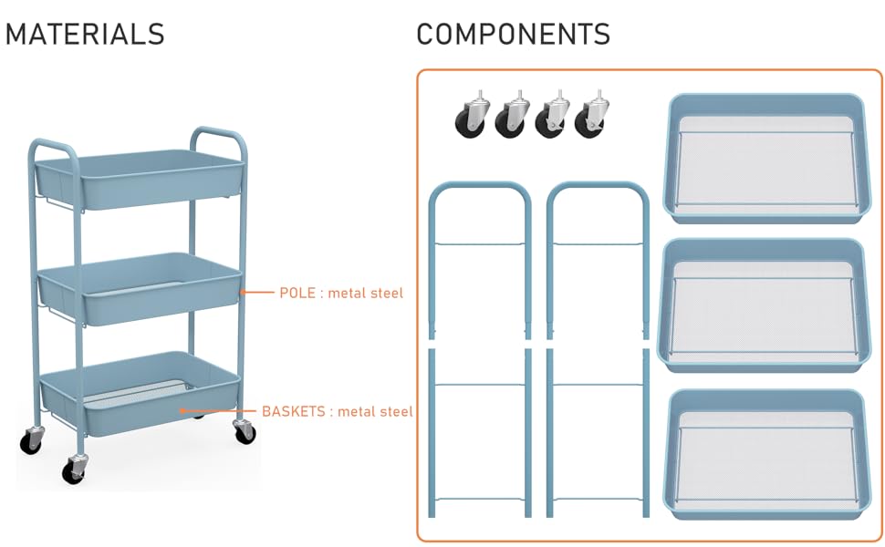 CAXXA 3Tier Rolling Metal Storage Organizer Mobile
