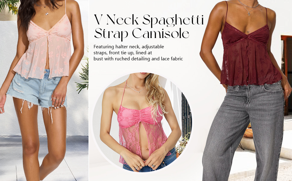 トップス FETICO Open Back Camisole Pivanzore Women's Y2K Lace Cami Tank Top Sexy Mesh See