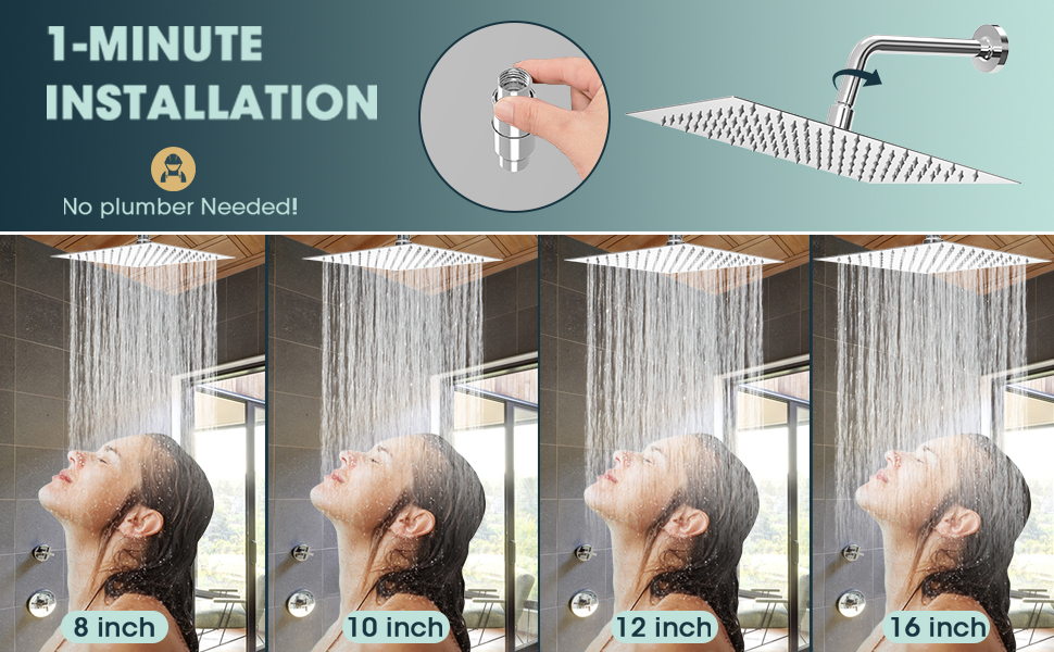 FORIOUS Rain Shower Head 12 Inch High Flow Chrome Rainfall ShowerHead