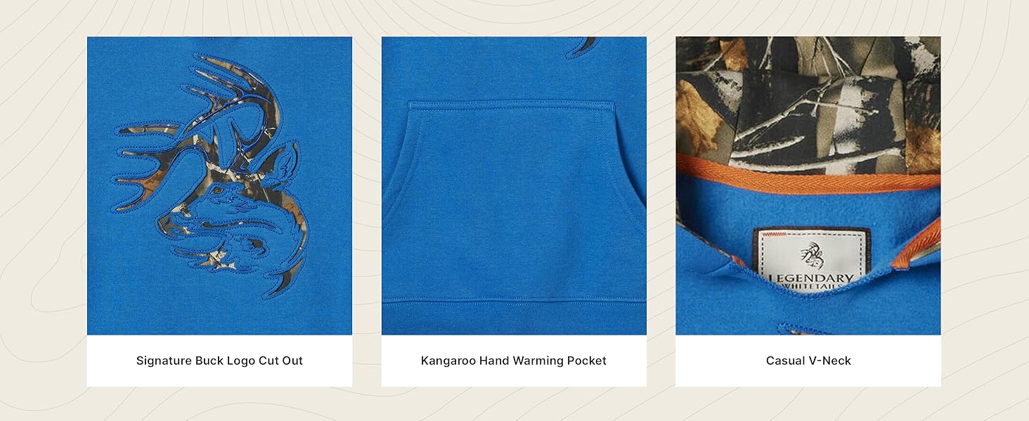 Legendary Whitetails unisex-child Kids Camo Outfitter Hoodie 10 Signature buck logo, kangaroo hand warming pockets, casual v-neck