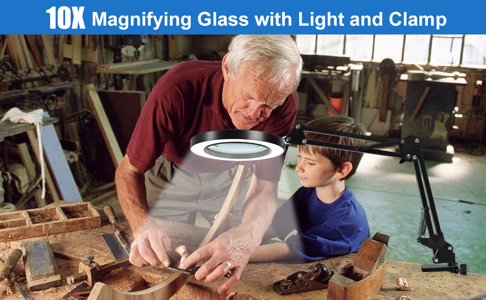 10X Magnifying Glass with Light and Clamp