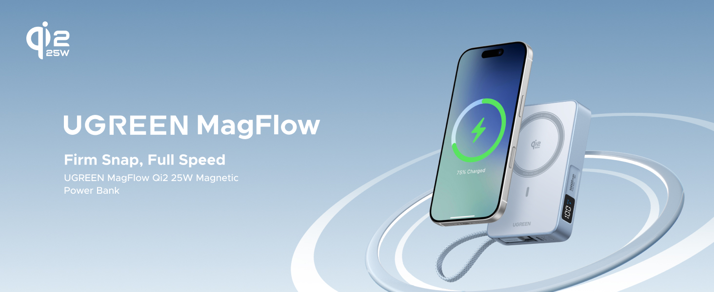 Text reads 'UGREEN MagFlow'. Product advertisement showing wireless charging device for smartphone with blue circular glow effect on light background.