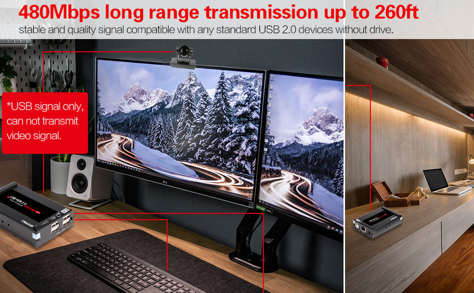 USB Extender 196ft/60M Over Cat5e/6, 4 USB 2.0 Ports, Plug and Play, No Driver