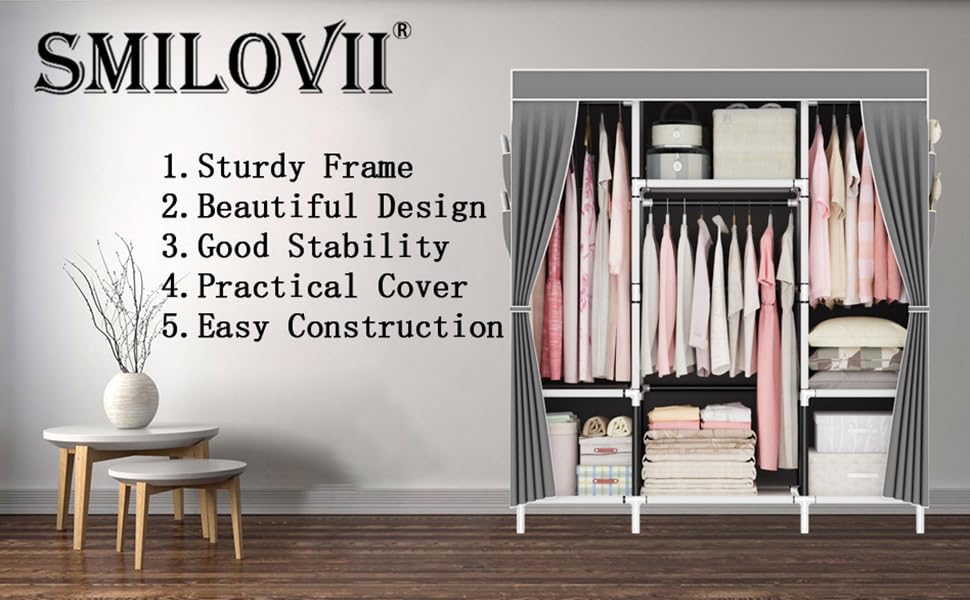 SMILOVII Canvas Wardrobe, Zippered Foldable Closets, Open Wardrobe With